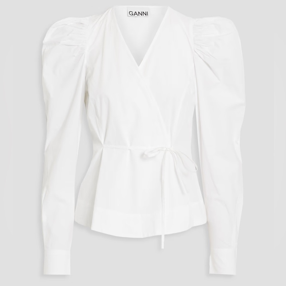 Ganni Cotton Poplin Wrap White Puff Sleeve Top